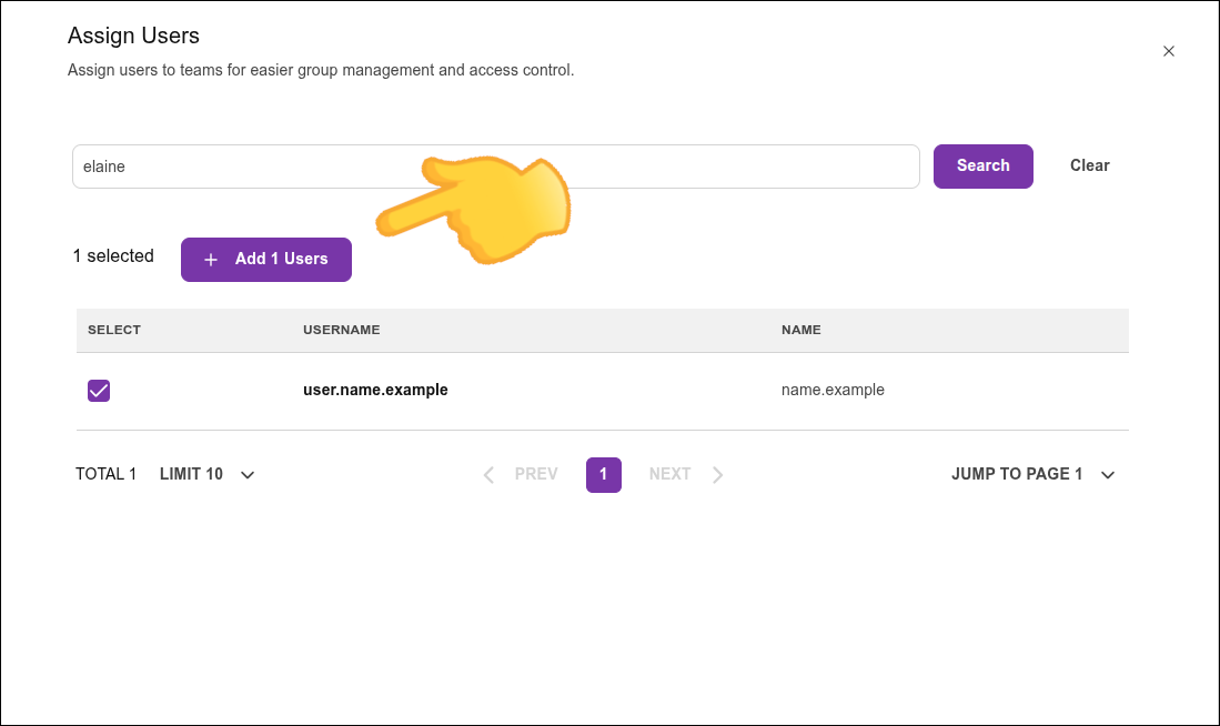 the assign users button in the modal