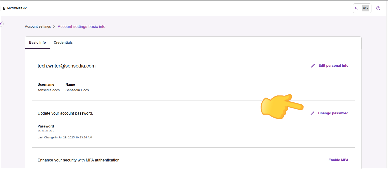 screen image with Change Password highlighted