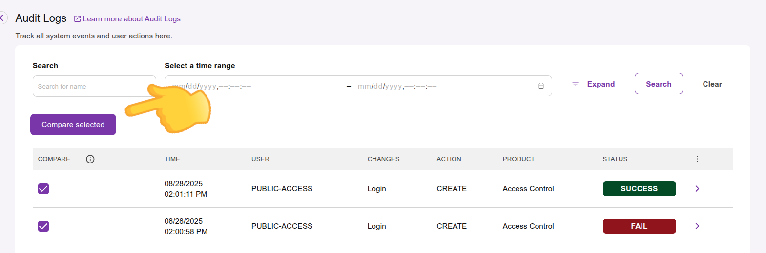 highlight for the compare logs button