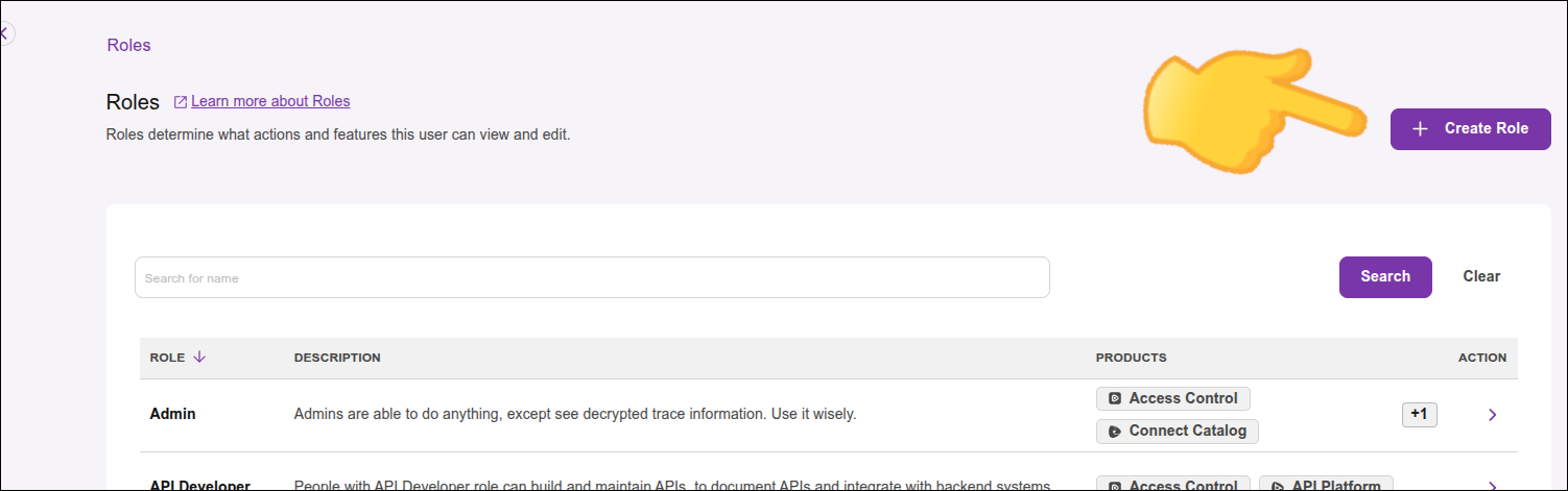 highlight of the Create Role button on the Roles screen