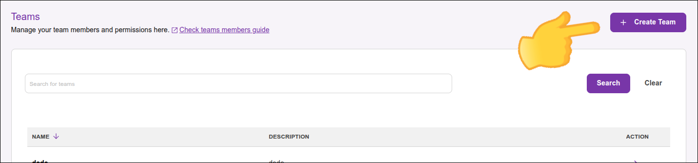 Create Team button on the Teams screen