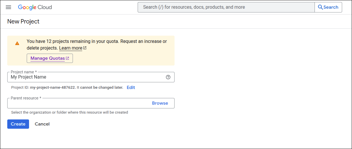 gsuite create project form