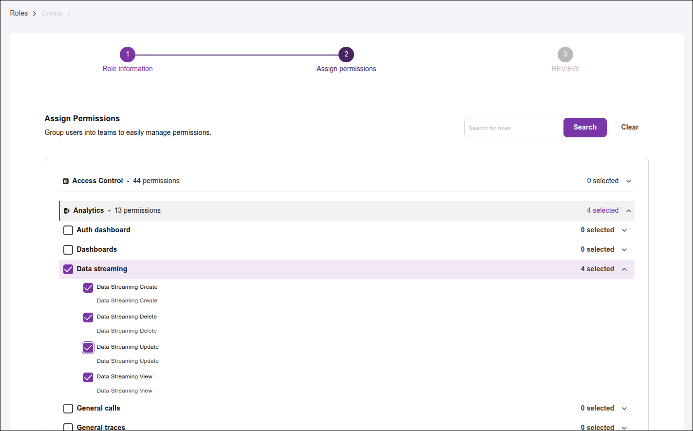 part of the permissions screen with the Data Streaming View, create, update, and delete permissions selected