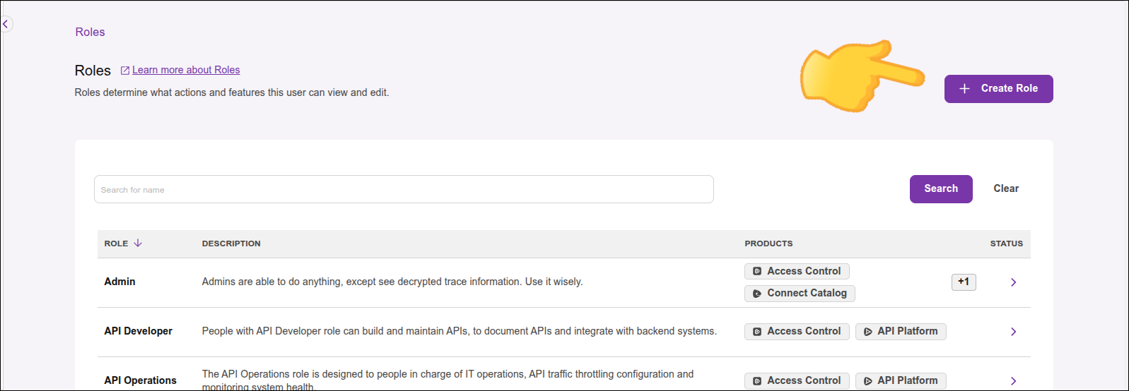 roles screen with the create role button
