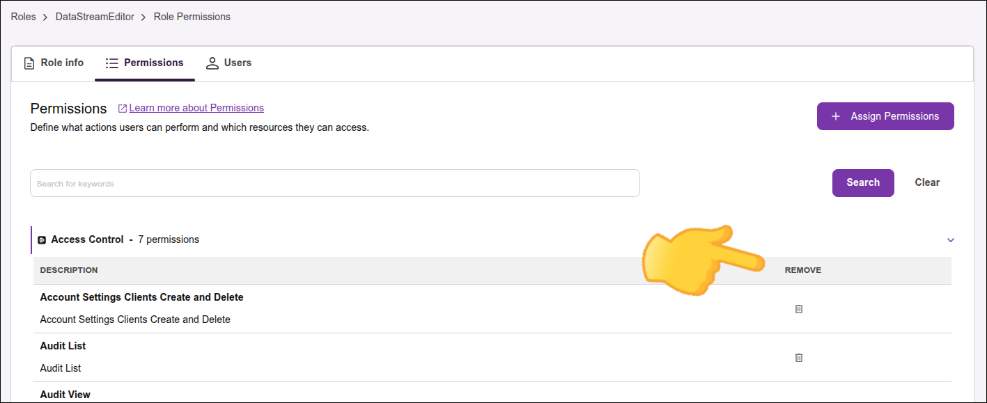 highlight of the trash can icon on the Permissions tab