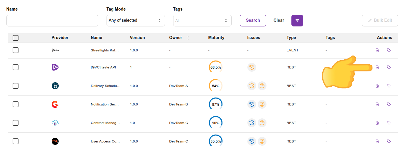 “screen with list of APIs and indication of where to click to see details for the selected API”