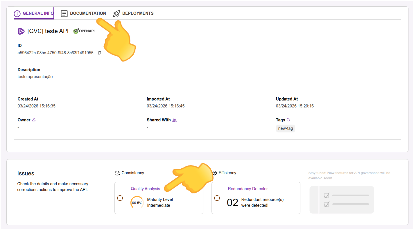 “screen with details of the selected API and indication of where to click”