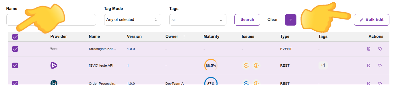screen showing the API list and the bulk edit option