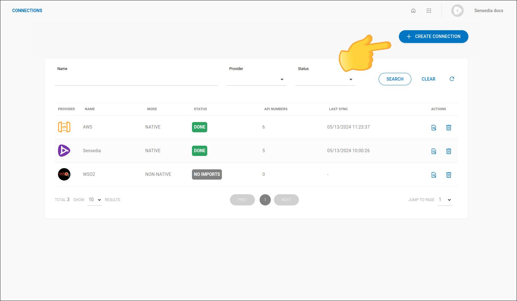 screenshot of the connections screen highlighting the create connection button