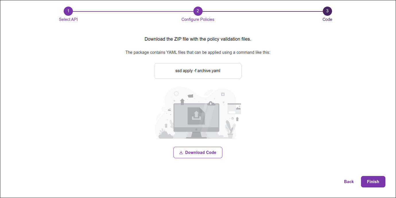 policies screen with the step to copy the command and download the .yaml file