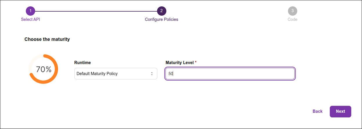 policies screen with the step for maturity level selection