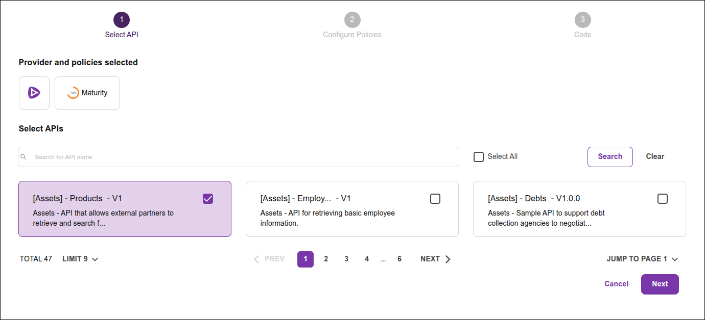 policies screen with the step for API selection