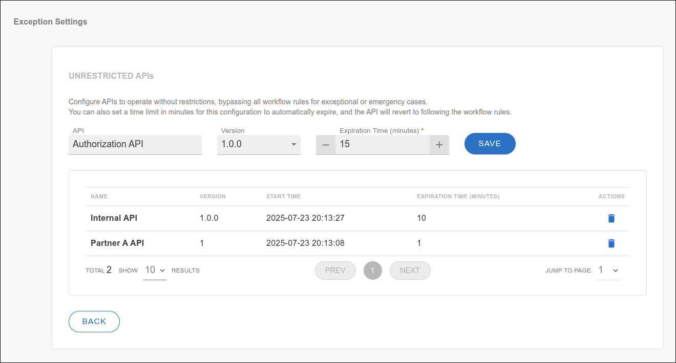 Exception configuration screen