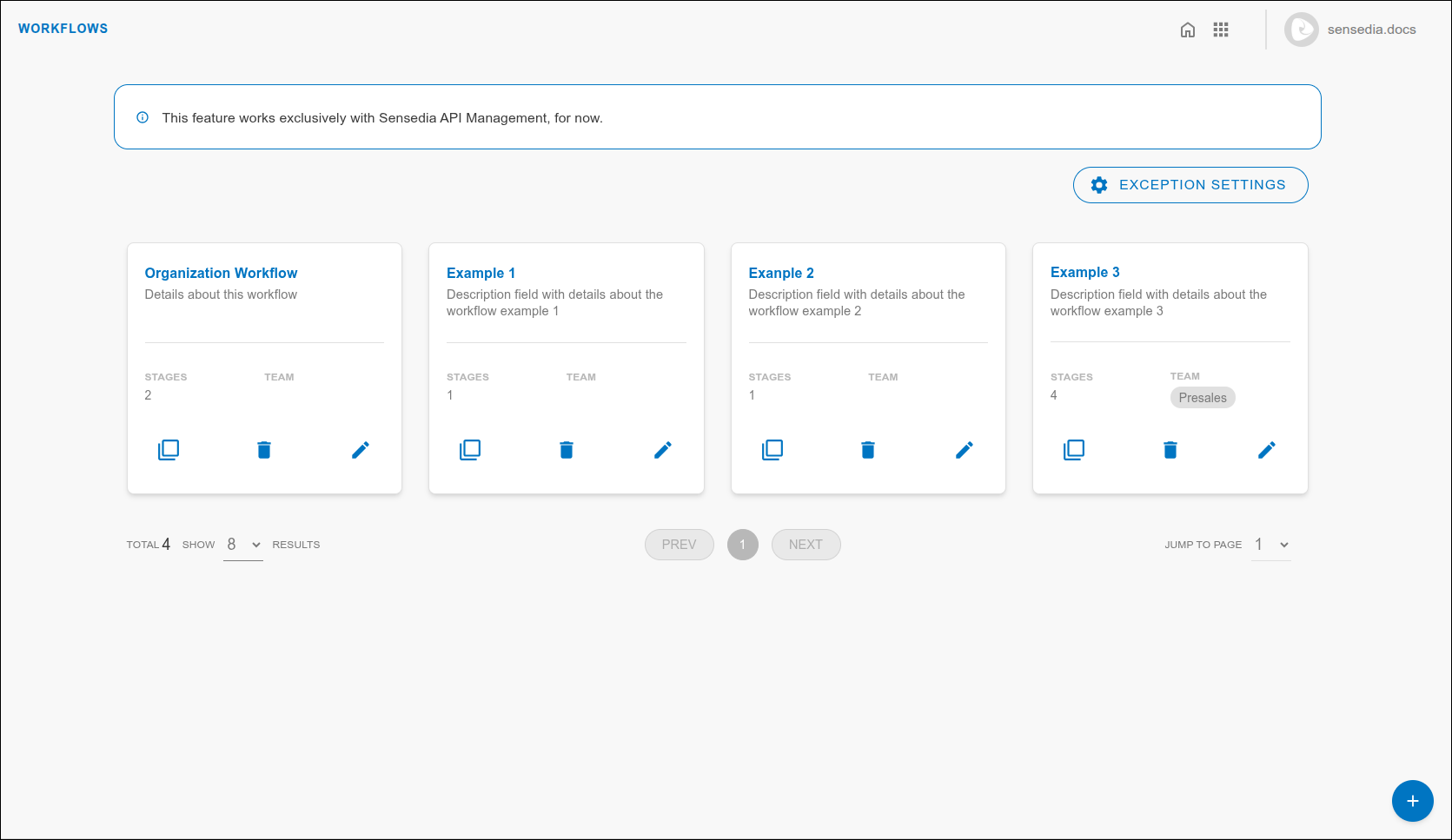 Workflows screen with the teams Organization Workflow Example 1 Example 2 and Example 3