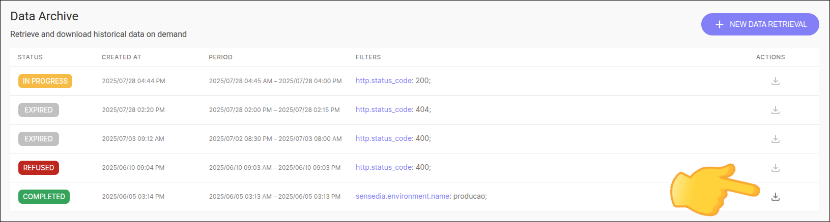data archive screen highlighting the download icon for the generated file