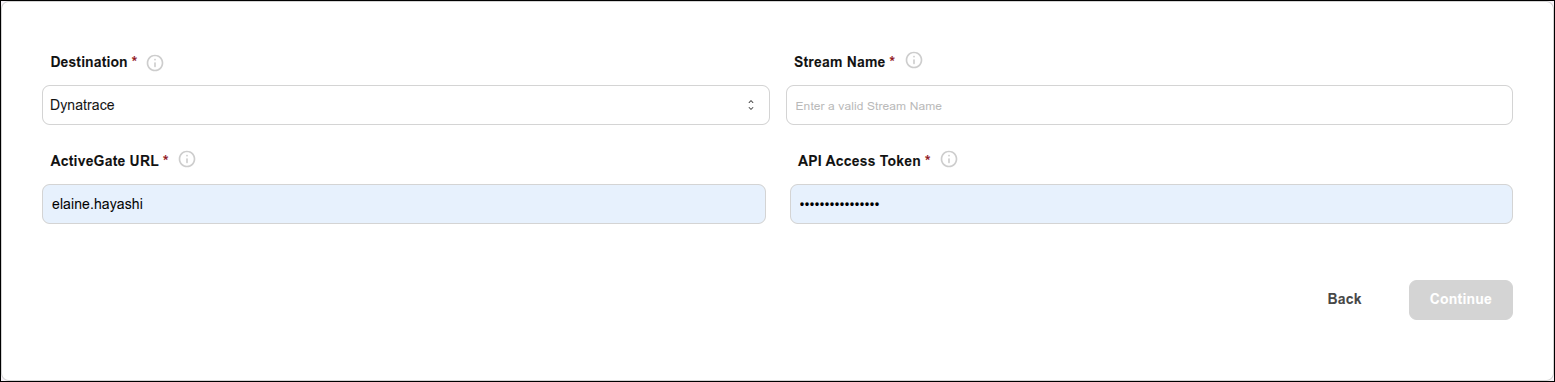 fields to configure Dynatrace