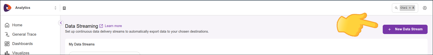 detail of screen with new delivery stream button