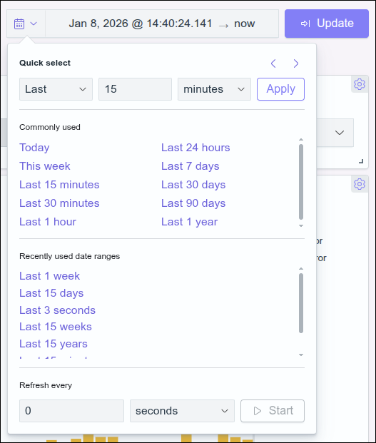 part of the dashboard screen with the time range options that are displayed when clicking calendar icon