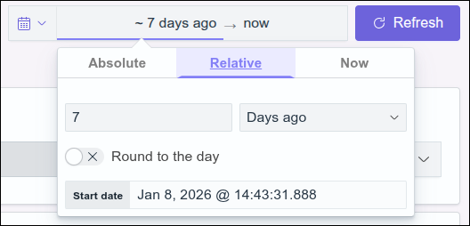 Part of the dashboard screen with time range options that are displayed when clicking the bar to the left of the refresh button