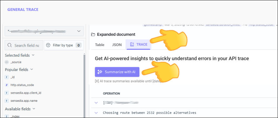 trace tab with emphasis on the summarize with AI button