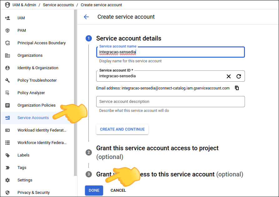 details of the service account creation form