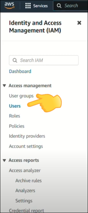 screenshot of the AWS management dashboard highlighting the Users option