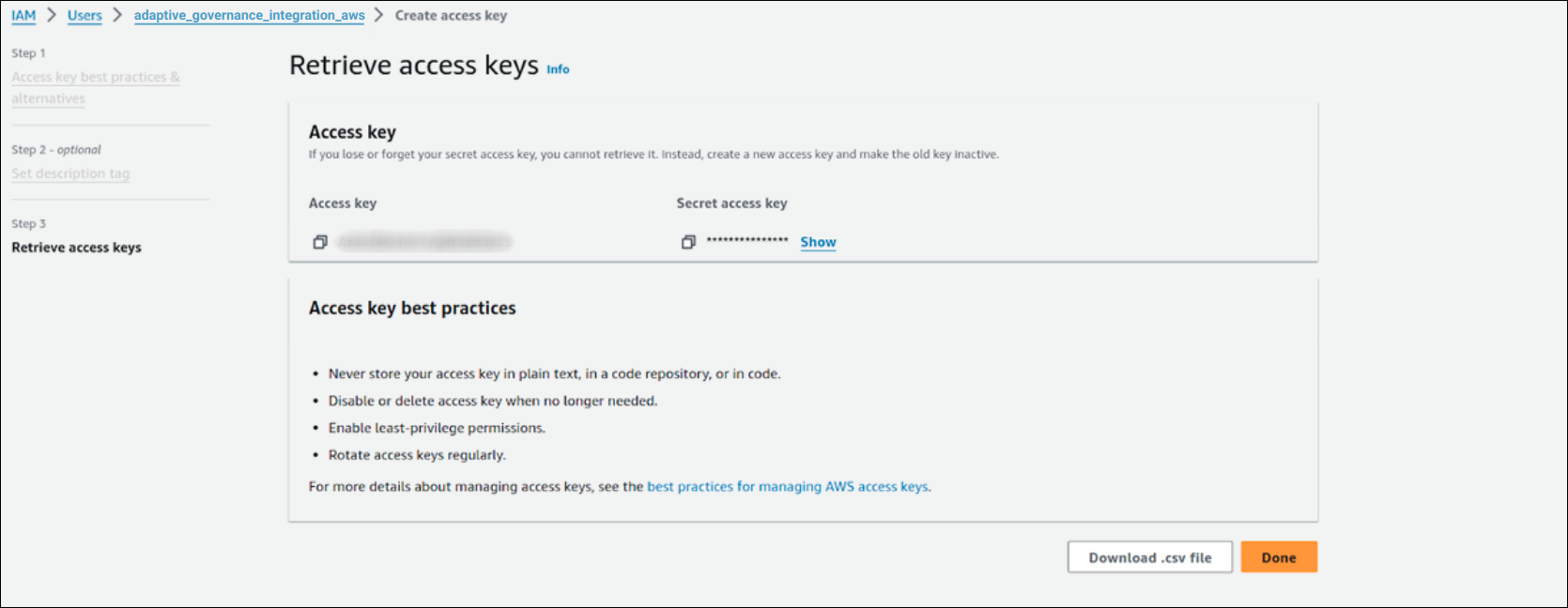 screenshot showing the Retrieve access keys screen