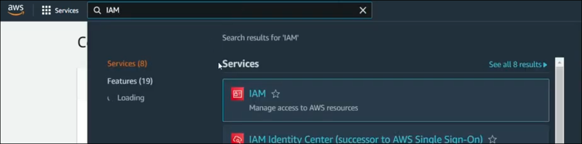screenshot of the search screen in AWS Management Console showing the IAM result