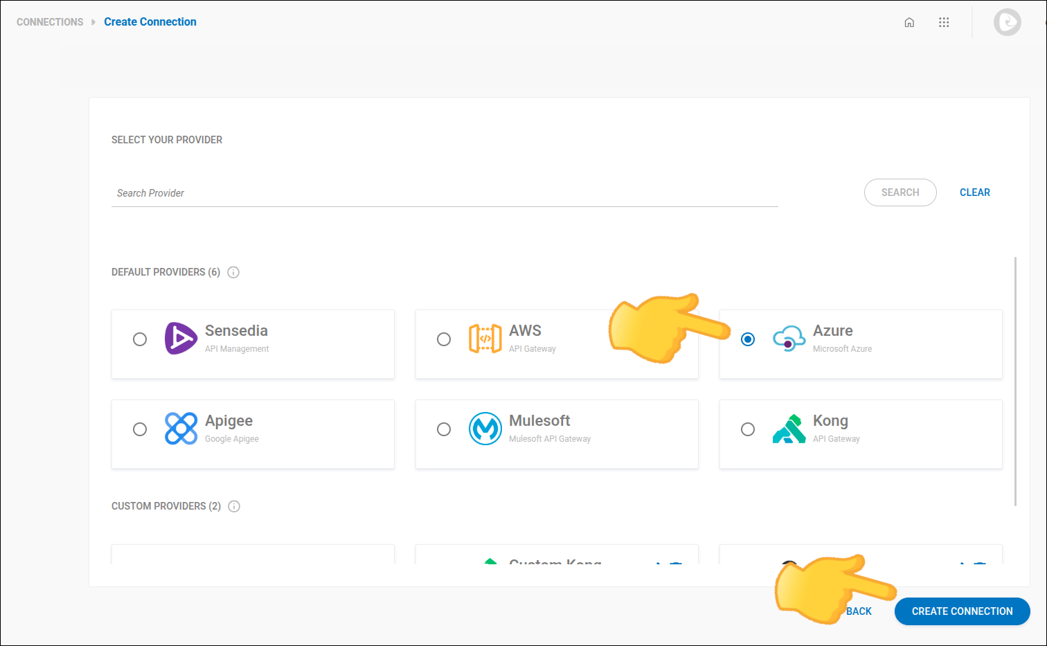 detail of the connection creation screen with step 1