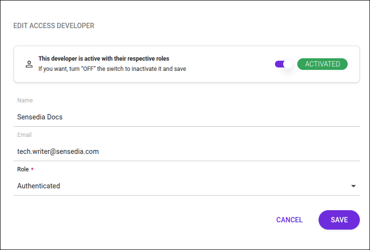 screen to edit a developer’s access