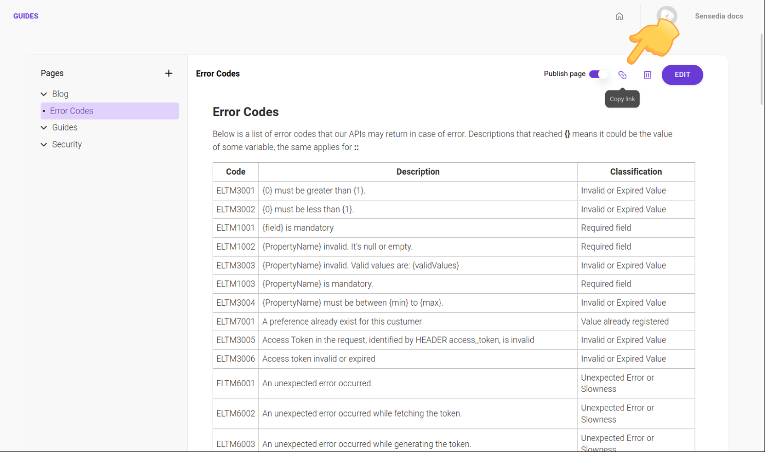 developer portal guides screen with page open to be edited