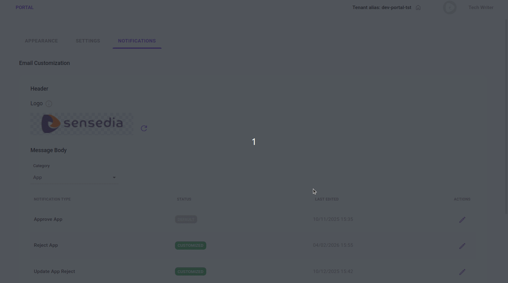 notification customization screen showing the App and Developer categories