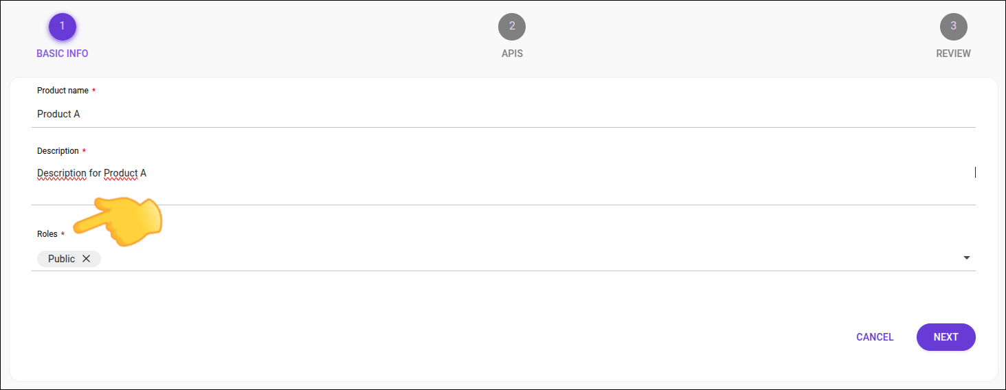 step 1 of product registration with roles highlighted
