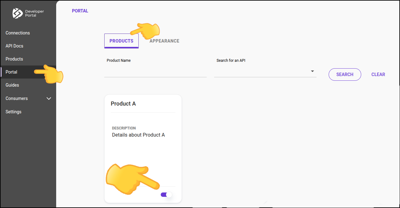 "products screen with menu