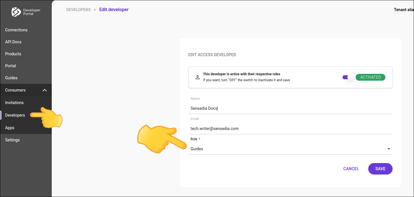 edit developer screen with menu and role highlighted