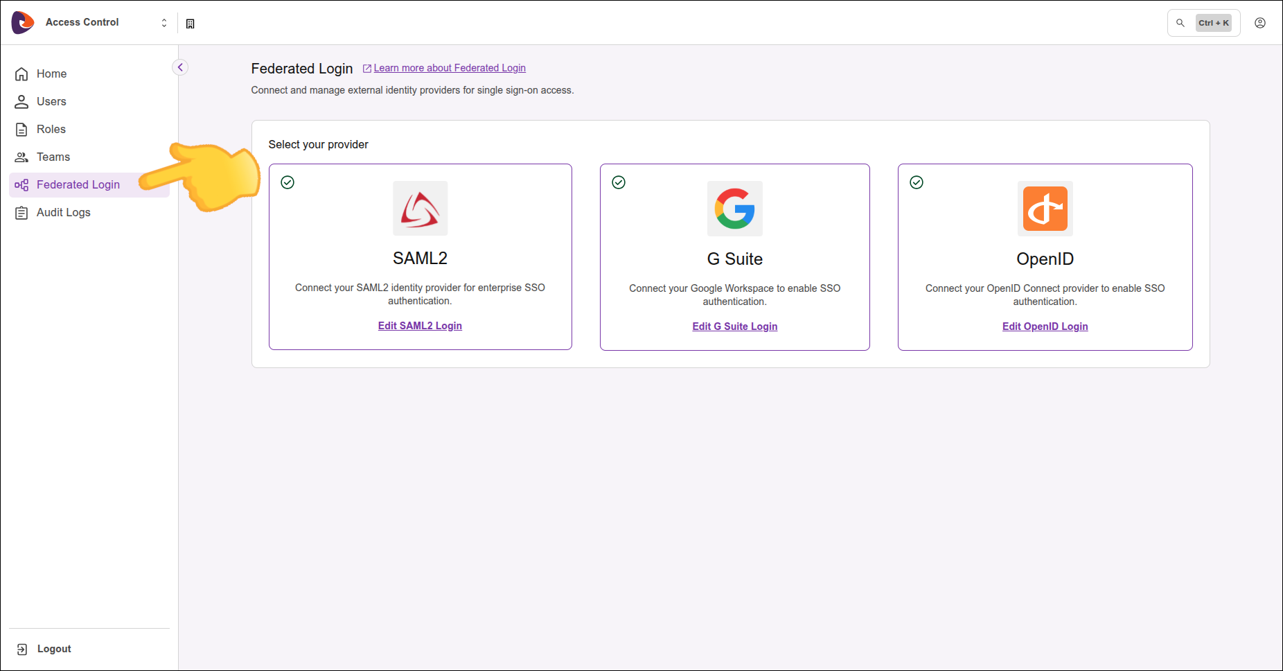 tela para configuração de login federado