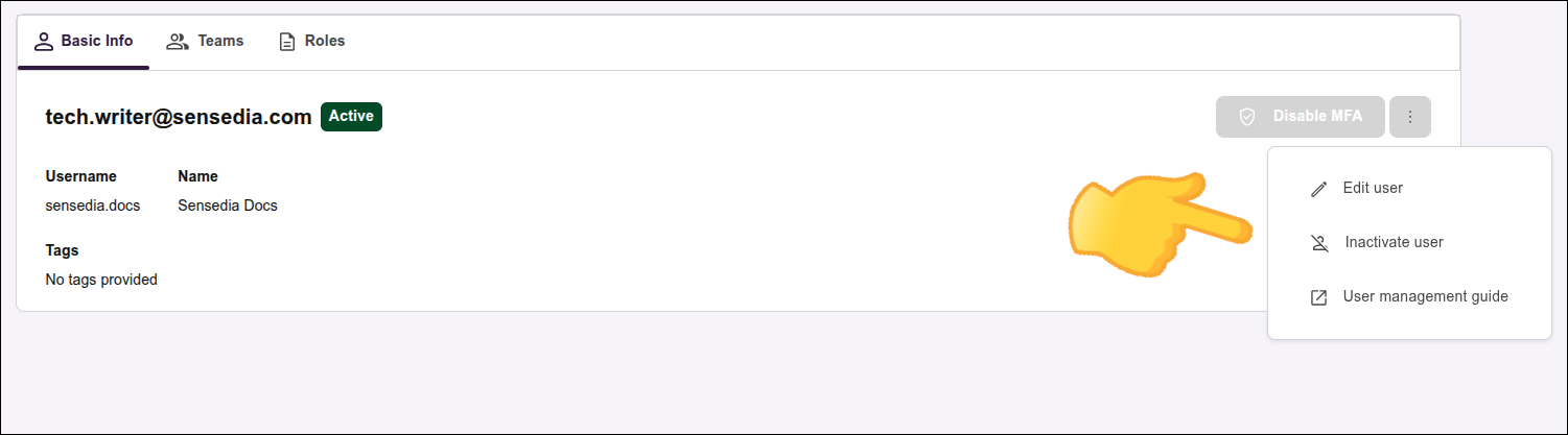 destaque para o menu de ações na tela de edição de usuário