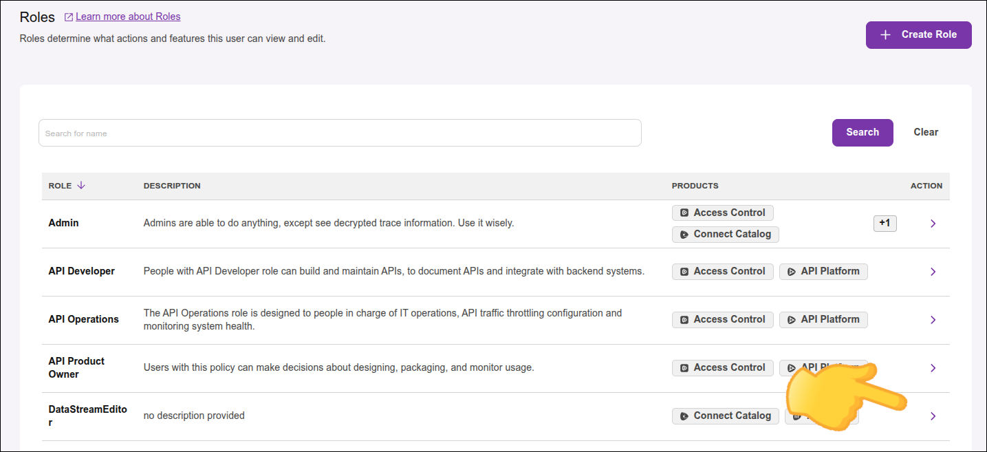 tela roles com o botão actions