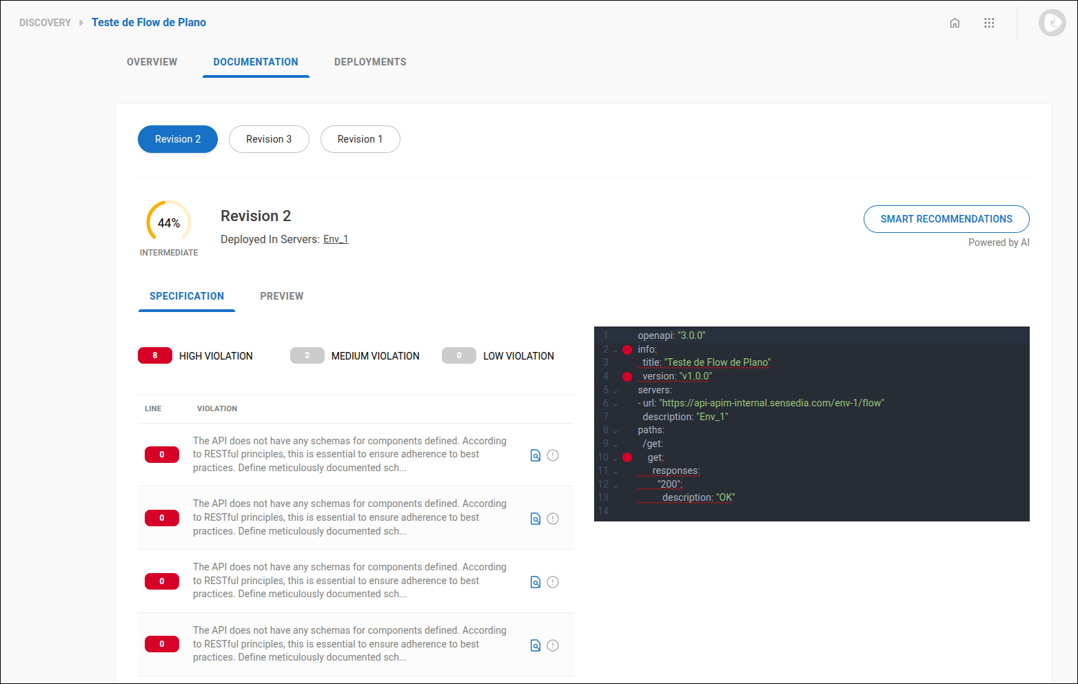 tela com relatório de maturidade especificação de API e Smart Recommendations