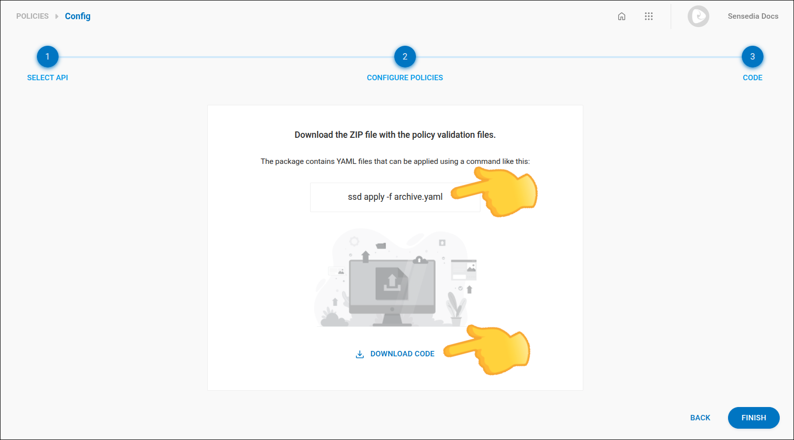 tela de policies com o passo para copiar o comando e baixar o arquivo .yaml