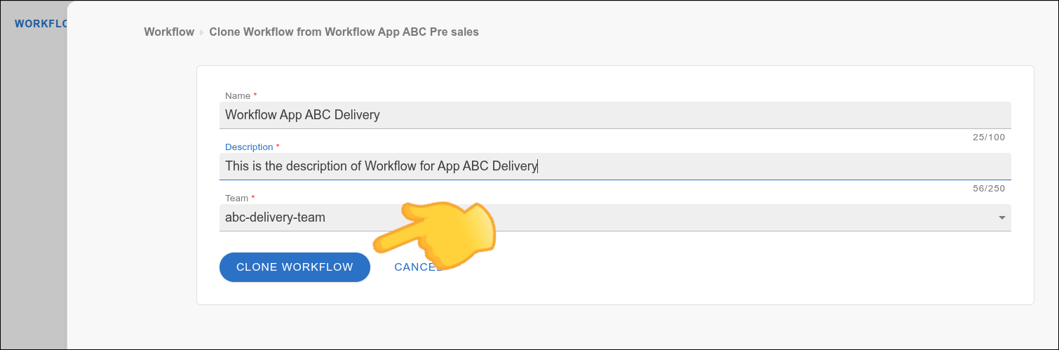 Tela de clonagem de workflow com destaque para o botão CLONE WORKFLOW
