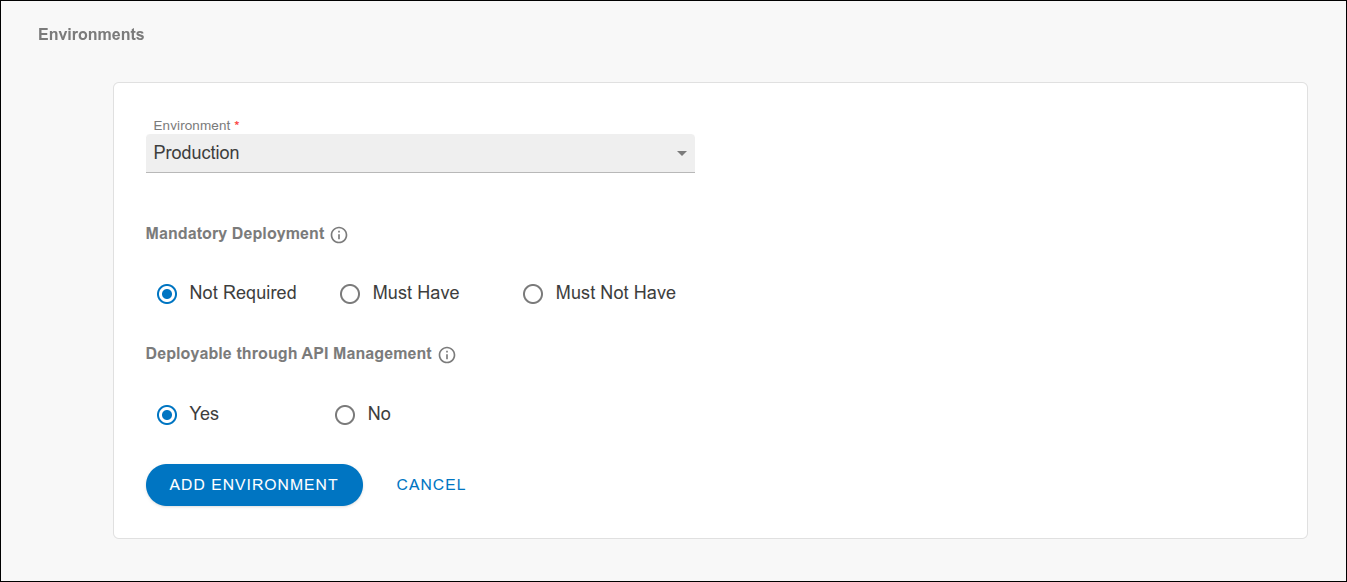 Tela de configuração de ambientes de um estágio