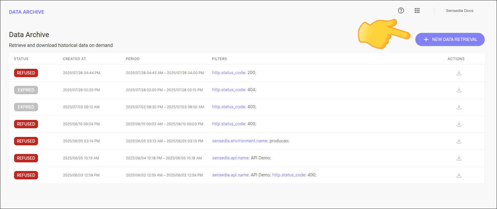 tela de data archive com destaque para o botão para criar nova solicitação de recuperação de dados