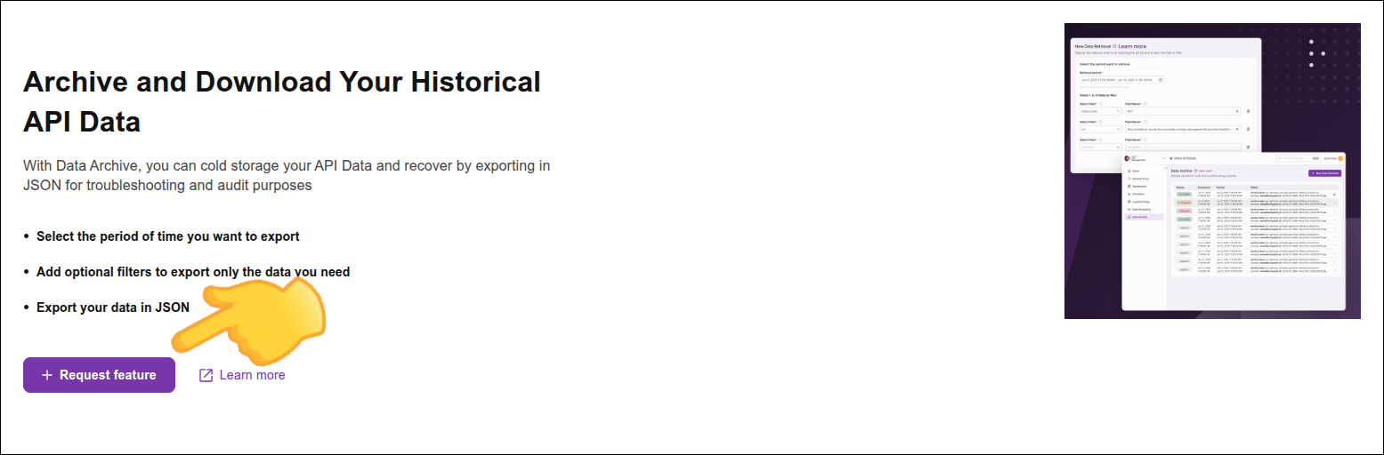 tela de data archive com destaque para o botão para solicitar ativação da funcionalidade