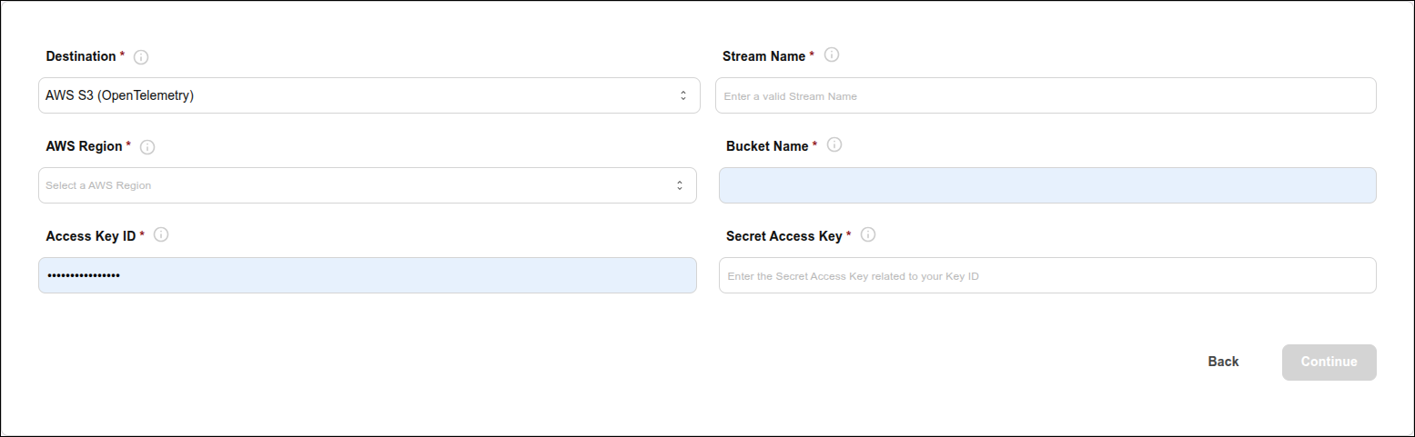 detalhe da tela de criação de streaming para aws