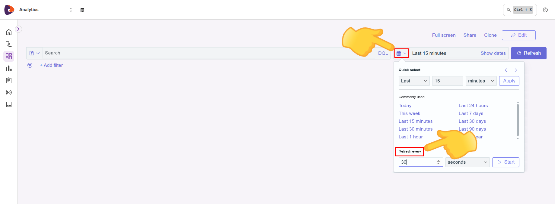 Exemplo da configuração de refresh no Dashboard