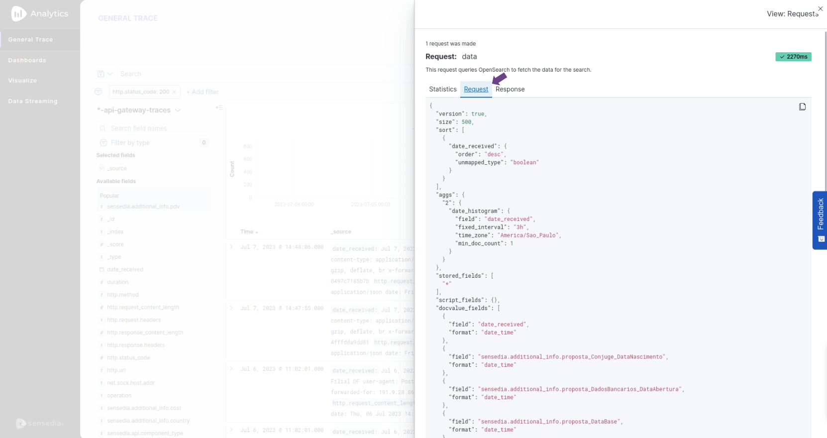 imagem do general trace destacando o link request