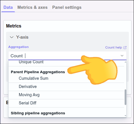detalhe da tela visualize com destaque para a lista de metrics com pipeline aggregations