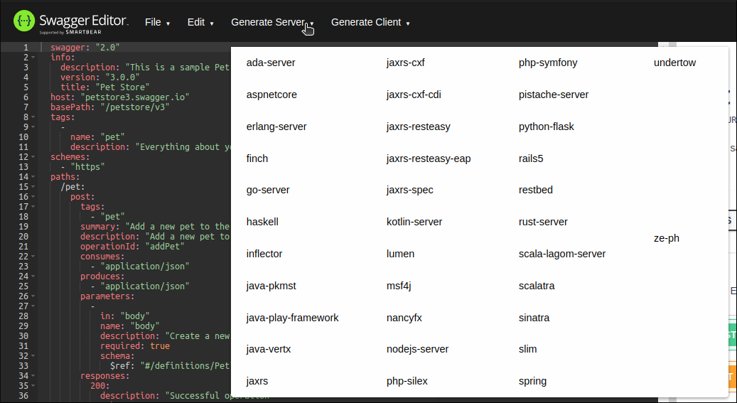 SwaggerEditor generateServer