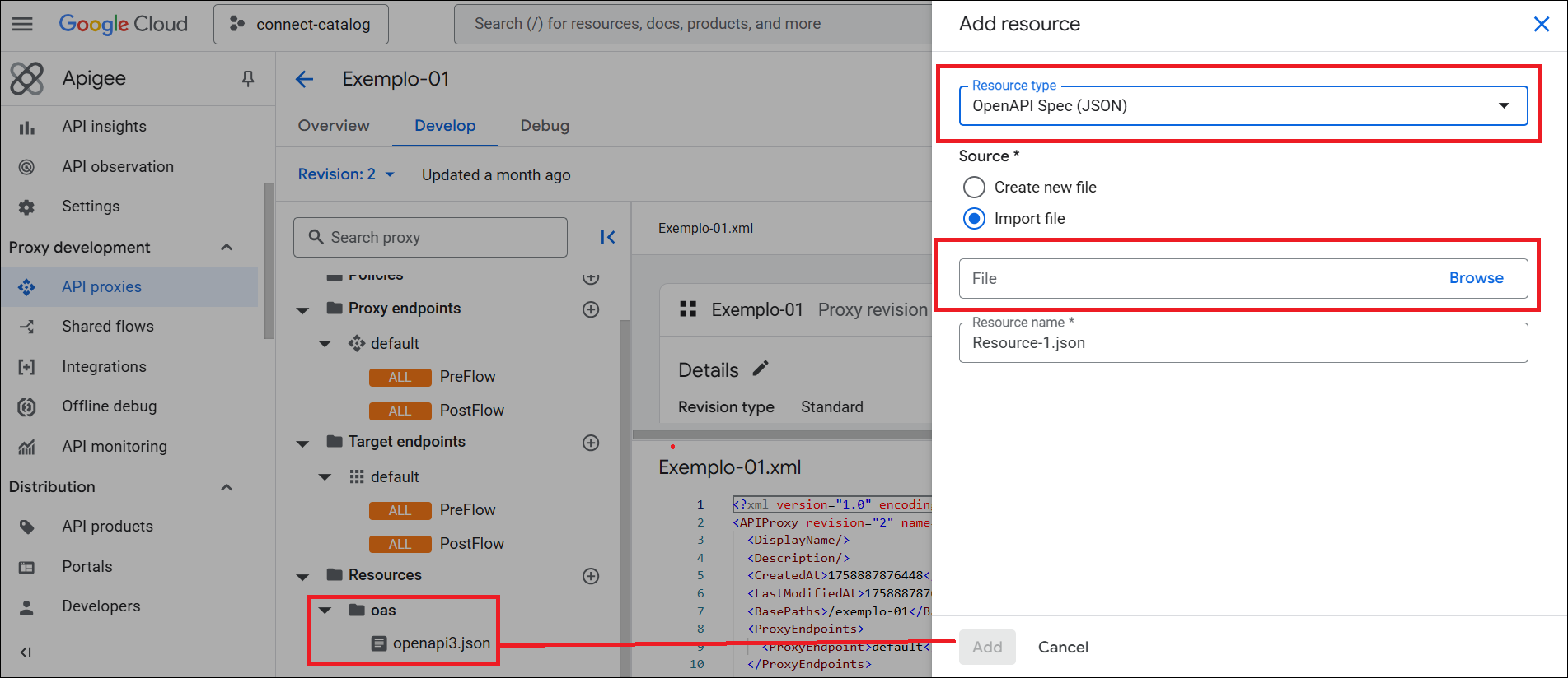 Tela da Apigee para anexar recursos